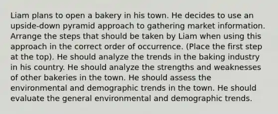 Liam plans to open a bakery in his town. He decides to use an upside-down pyramid approach to gathering market information. Arrange the steps that should be taken by Liam when using this approach in the correct order of occurrence. (Place the first step at the top). He should analyze the trends in the baking industry in his country. He should analyze the strengths and weaknesses of other bakeries in the town. He should assess the environmental and demographic trends in the town. He should evaluate the general environmental and demographic trends.