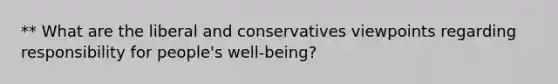 ** What are the liberal and conservatives viewpoints regarding responsibility for people's well-being?