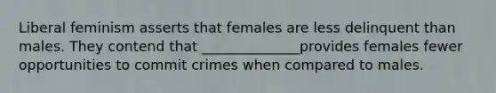 Liberal feminism asserts that females are less delinquent than males. They contend that ______________provides females fewer opportunities to commit crimes when compared to males.