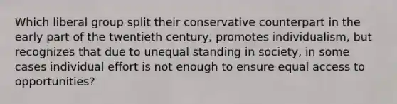 Which liberal group split their conservative counterpart in the early part of the twentieth century, promotes individualism, but recognizes that due to unequal standing in society, in some cases individual effort is not enough to ensure equal access to opportunities?