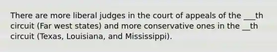 There are more liberal judges in the court of appeals of the ___th circuit (Far west states) and more conservative ones in the __th circuit (Texas, Louisiana, and Mississippi).