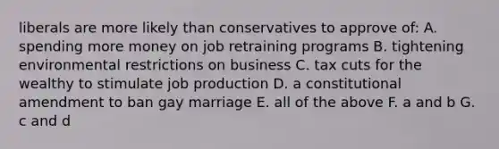 liberals are more likely than conservatives to approve of: A. spending more money on job retraining programs B. tightening environmental restrictions on business C. tax cuts for the wealthy to stimulate job production D. a constitutional amendment to ban gay marriage E. all of the above F. a and b G. c and d