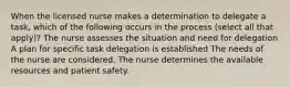 When the licensed nurse makes a determination to delegate a task, which of the following occurs in the process (select all that apply)? The nurse assesses the situation and need for delegation A plan for specific task delegation is established The needs of the nurse are considered. The nurse determines the available resources and patient safety.