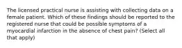 The licensed practical nurse is assisting with collecting data on a female patient. Which of these findings should be reported to the registered nurse that could be possible symptoms of a myocardial infarction in the absence of chest pain? (Select all that apply)