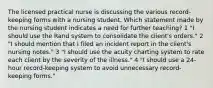 The licensed practical nurse is discussing the various record-keeping forms with a nursing student. Which statement made by the nursing student indicates a need for further teaching? 1 "I should use the Rand system to consolidate the client's orders." 2 "I should mention that I filed an incident report in the client's nursing notes." 3 "I should use the acuity charting system to rate each client by the severity of the illness." 4 "I should use a 24-hour record-keeping system to avoid unnecessary record-keeping forms."