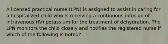 A licensed practical nurse (LPN) is assigned to assist in caring for a hospitalized child who is receiving a continuous infusion of intravenous (IV) potassium for the treatment of dehydration. The LPN monitors the child closely and notifies the registered nurse if which of the following is noted?