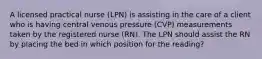 A licensed practical nurse (LPN) is assisting in the care of a client who is having central venous pressure (CVP) measurements taken by the registered nurse (RN). The LPN should assist the RN by placing the bed in which position for the reading?