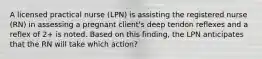 A licensed practical nurse (LPN) is assisting the registered nurse (RN) in assessing a pregnant client's deep tendon reflexes and a reflex of 2+ is noted. Based on this finding, the LPN anticipates that the RN will take which action?