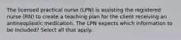 The licensed practical nurse (LPN) is assisting the registered nurse (RN) to create a teaching plan for the client receiving an antineoplastic medication. The LPN expects which information to be included? Select all that apply.