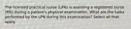 The licensed practical nurse (LPN) is assisting a registered nurse (RN) during a patient's physical examination. What are the tasks performed by the LPN during this examination? Select all that apply.