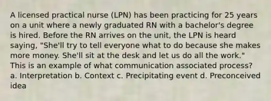 A licensed practical nurse (LPN) has been practicing for 25 years on a unit where a newly graduated RN with a bachelor's degree is hired. Before the RN arrives on the unit, the LPN is heard saying, "She'll try to tell everyone what to do because she makes more money. She'll sit at the desk and let us do all the work." This is an example of what communication associated process? a. Interpretation b. Context c. Precipitating event d. Preconceived idea