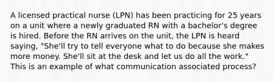 A licensed practical nurse (LPN) has been practicing for 25 years on a unit where a newly graduated RN with a bachelor's degree is hired. Before the RN arrives on the unit, the LPN is heard saying, "She'll try to tell everyone what to do because she makes more money. She'll sit at the desk and let us do all the work." This is an example of what communication associated process?