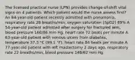 The licensed practical nurse (LPN) provides change-of-shift vital signs on 4 patients. Which patient would the nurse assess first? An 84-year-old patient recently admitted with pneumonia, respiratory rate 28 breaths/min, oxygen saturation (SpO2) 89% A 54-year-old patient admitted after surgery for fractured arm, blood pressure 160/86 mm Hg, heart rate 72 beats per minute A 63-year-old patient with venous ulcers from diabetes, temperature 37.3 °C (99.1 °F), heart rate 84 beats per minute A 77-year-old patient with left mastectomy 2 days ago, respiratory rate 22 breaths/min, blood pressure 148/62 mm Hg