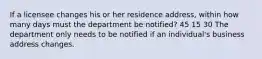 If a licensee changes his or her residence address, within how many days must the department be notified? 45 15 30 The department only needs to be notified if an individual's business address changes.