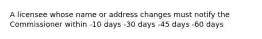 A licensee whose name or address changes must notify the Commissioner within -10 days -30 days -45 days -60 days