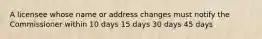 A licensee whose name or address changes must notify the Commissioner within 10 days 15 days 30 days 45 days