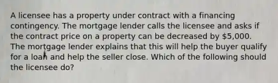 A licensee has a property under contract with a financing contingency. The mortgage lender calls the licensee and asks if the contract price on a property can be decreased by 5,000. The mortgage lender explains that this will help the buyer qualify for a loan and help the seller close. Which of the following should the licensee do?