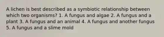 A lichen is best described as a symbiotic relationship between which two organisms? 1. A fungus and algae 2. A fungus and a plant 3. A fungus and an animal 4. A fungus and another fungus 5. A fungus and a slime mold