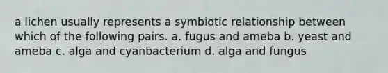 a lichen usually represents a symbiotic relationship between which of the following pairs. a. fugus and ameba b. yeast and ameba c. alga and cyanbacterium d. alga and fungus