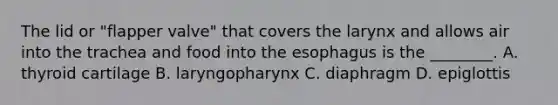 The lid or​ "flapper valve" that covers the larynx and allows air into the trachea and food into <a href='https://www.questionai.com/knowledge/kSjVhaa9qF-the-esophagus' class='anchor-knowledge'>the esophagus</a> is the​ ________. A. thyroid cartilage B. laryngopharynx C. diaphragm D. epiglottis