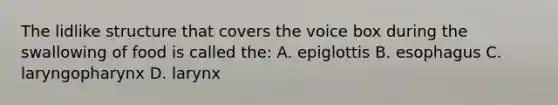 The lidlike structure that covers the voice box during the swallowing of food is called the: A. epiglottis B. esophagus C. laryngopharynx D. larynx