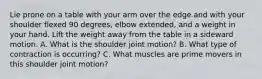 Lie prone on a table with your arm over the edge and with your shoulder flexed 90 degrees, elbow extended, and a weight in your hand. Lift the weight away from the table in a sideward motion. A. What is the shoulder joint motion? B. What type of contraction is occurring? C. What muscles are prime movers in this shoulder joint motion?