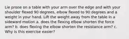 Lie prone on a table with your arm over the edge and with your shoulder flexed 90 degrees, elbow flexed to 90 degrees and a weight in your hand. Lift the weight away from the table in a sideward motion a. does the flexing elbow shorten the force arm? b. does flexing the elbow shorten the resistance arm? c. Why is this exercise easier?