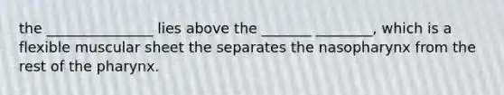 the _______________ lies above the _______ ________, which is a flexible muscular sheet the separates the nasopharynx from the rest of the pharynx.