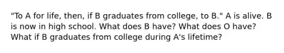 "To A for life, then, if B graduates from college, to B." A is alive. B is now in high school. What does B have? What does O have? What if B graduates from college during A's lifetime?