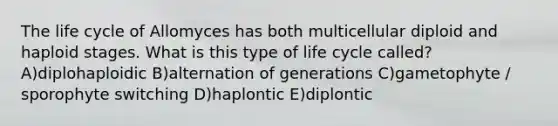 The life cycle of Allomyces has both multicellular diploid and haploid stages. What is this type of life cycle called? A)diplohaploidic B)alternation of generations C)gametophyte / sporophyte switching D)haplontic E)diplontic