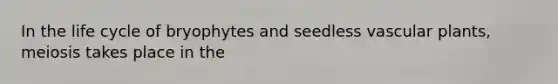 In the life cycle of bryophytes and seedless vascular plants, meiosis takes place in the