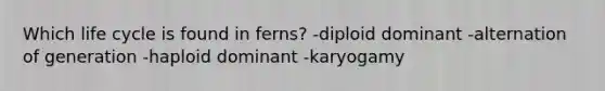 Which life cycle is found in ferns? -diploid dominant -alternation of generation -haploid dominant -karyogamy