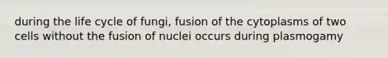 during the life cycle of fungi, fusion of the cytoplasms of two cells without the fusion of nuclei occurs during plasmogamy