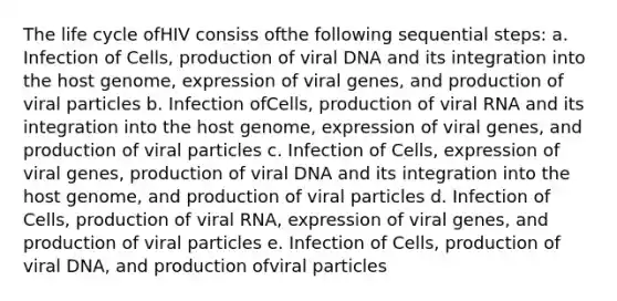 The life cycle ofHIV consiss ofthe following sequential steps: a. Infection of Cells, production of viral DNA and its integration into the host genome, expression of viral genes, and production of viral particles b. Infection ofCells, production of viral RNA and its integration into the host genome, expression of viral genes, and production of viral particles c. Infection of Cells, expression of viral genes, production of viral DNA and its integration into the host genome, and production of viral particles d. Infection of Cells, production of viral RNA, expression of viral genes, and production of viral particles e. Infection of Cells, production of viral DNA, and production ofviral particles