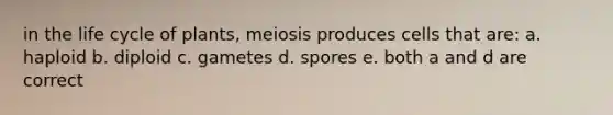 in the life cycle of plants, meiosis produces cells that are: a. haploid b. diploid c. gametes d. spores e. both a and d are correct