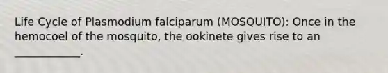 Life Cycle of Plasmodium falciparum (MOSQUITO): Once in the hemocoel of the mosquito, the ookinete gives rise to an ____________.