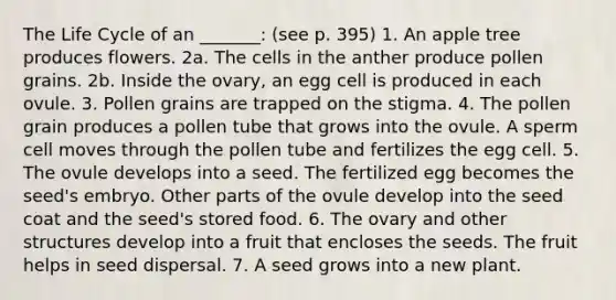 The Life Cycle of an _______: (see p. 395) 1. An apple tree produces flowers. 2a. The cells in the anther produce pollen grains. 2b. Inside the ovary, an egg cell is produced in each ovule. 3. Pollen grains are trapped on the stigma. 4. The pollen grain produces a pollen tube that grows into the ovule. A sperm cell moves through the pollen tube and fertilizes the egg cell. 5. The ovule develops into a seed. The fertilized egg becomes the seed's embryo. Other parts of the ovule develop into the seed coat and the seed's stored food. 6. The ovary and other structures develop into a fruit that encloses the seeds. The fruit helps in seed dispersal. 7. A seed grows into a new plant.