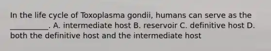 In the life cycle of Toxoplasma gondii, humans can serve as the __________. A. intermediate host B. reservoir C. definitive host D. both the definitive host and the intermediate host