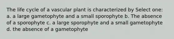 The life cycle of a vascular plant is characterized by Select one: a. a large gametophyte and a small sporophyte b. The absence of a sporophyte c. a large sporophyte and a small gametophyte d. the absence of a gametophyte