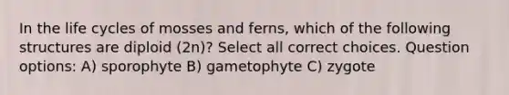 In the life cycles of mosses and ferns, which of the following structures are diploid (2n)? Select all correct choices. Question options: A) sporophyte B) gametophyte C) zygote