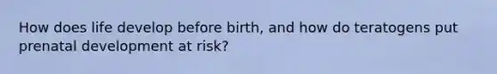 How does life develop before birth, and how do teratogens put prenatal development at risk?