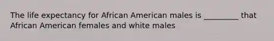 The life expectancy for African American males is _________ that African American females and white males