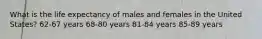 What is the life expectancy of males and females in the United States? 62-67 years 68-80 years 81-84 years 85-89 years