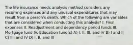 The life insurance needs analysis method considers any recurring expenses and any unusual expenditures that may result from a person's death. Which of the following are variables that are considered when conducting this analysis? I. Final expenses II. Readjustment and dependency period funds III. Mortgage fund IV. Education fund(s) A) I, II, III, and IV B) I and II C) IIII and IV D) I, II, and III