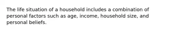 The life situation of a household includes a combination of personal factors such as age, income, household size, and personal beliefs.