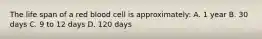 The life span of a red blood cell is approximately: A. 1 year B. 30 days C. 9 to 12 days D. 120 days