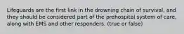 Lifeguards are the first link in the drowning chain of survival, and they should be considered part of the prehospital system of care, along with EMS and other responders. (true or false)