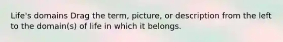 Life's domains Drag the term, picture, or description from the left to the domain(s) of life in which it belongs.