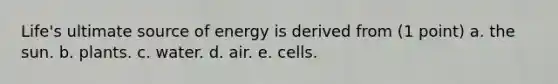 Life's ultimate source of energy is derived from (1 point) a. the sun. b. plants. c. water. d. air. e. cells.