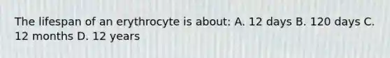 The lifespan of an erythrocyte is about: A. 12 days B. 120 days C. 12 months D. 12 years